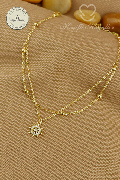 Keyifli Hayaller 316L Çelik Halhal - 14K Taşlı Gemici Dümeni Dorika Birleşik Zincir Çelik Halhal 22+4cm
