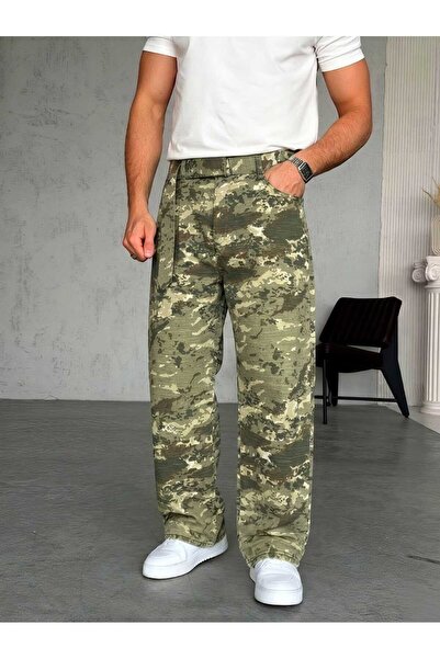 Wonraces Men's Baggy Self-Belted Camouflage Linen Washed Summer Trousers