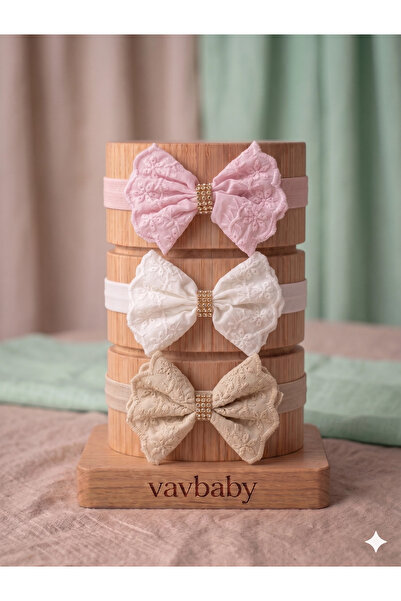 VaVbaby Luxurious Embroidered Rhinestone Bow Baby Hair Band 3-Pack - Pink