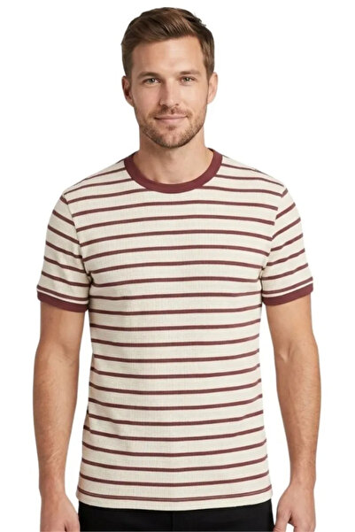 trender O izrez Prugasto Muškarci T-shirt 4038 Ružičasto-ekru Prugasto