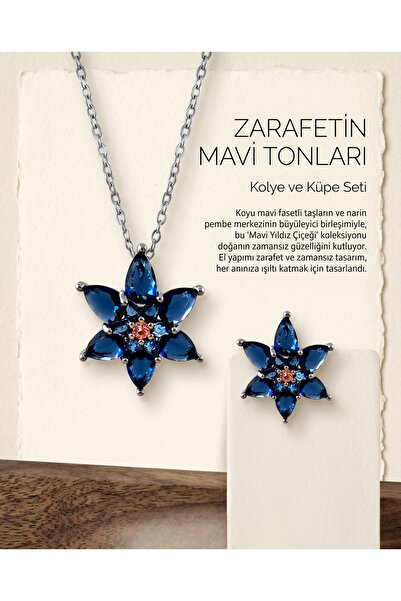 AURA TAKI VE AKSESUAR Safir Mavisi Lotus Çiçeği Kolye & Küpe Kombin