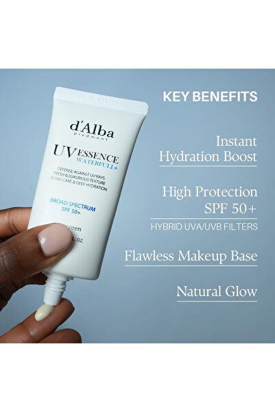 D'alba Piedmont Italian White Truffle Waterfull Sunscreen, Vegan Skincare, Lightweight Sunscreen with BROAD SPECTRUM SPF 50+, Glowy, Safe for all Skin Types, Korean Skin Care (1.69 fl. oz)