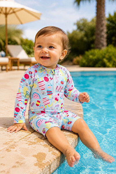Beniizle Patterned Zippered Unisex Baby Swimsuit
