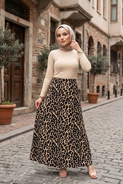 Zeneva Collection Açık Leopar Desenli Uzun Kloş Tesettür Etek