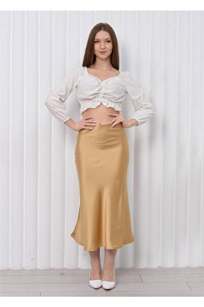 UTDU Flat Satin Skirt with Elastic Waist and Hidden Zipper on the Side