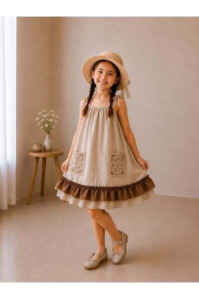 zepkids Girl's Dress with Pockets and Ruffle Detail, Mink Color, Summer Model
