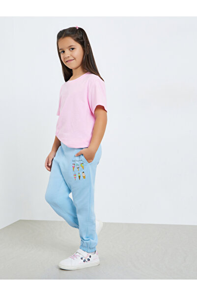 Styli Girls Light Blue Cotton Joggers with Ice Cream Print