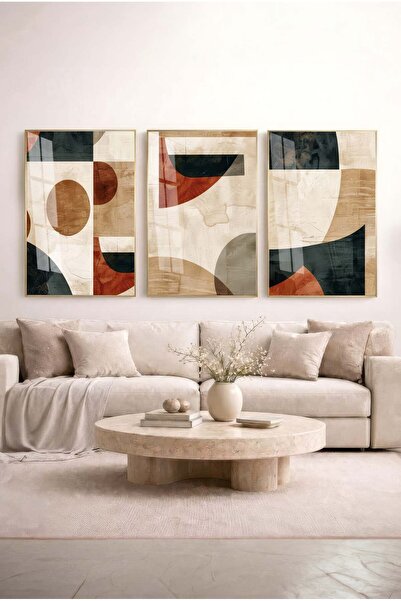 Zevahir Mobilya Dekorasyon Colorful Geometric Patterned 3-Piece Glass Paintin...
