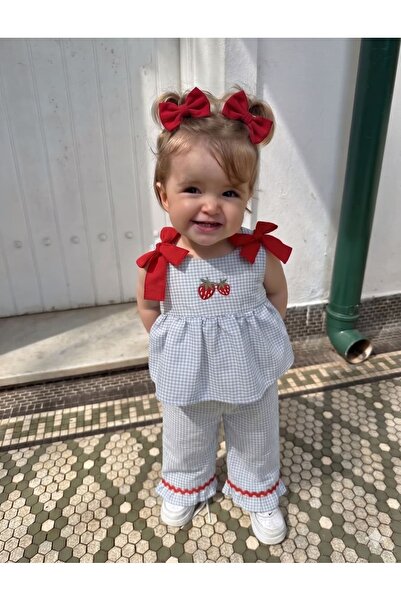 NUNU BABY Blossom Ekoseli Çilekli Takım - Mavi