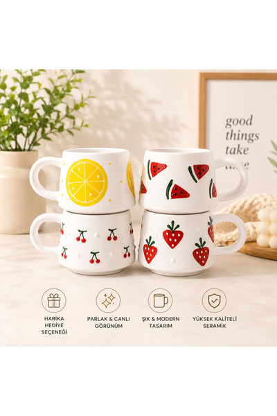 BB TRADE Handmade 4-Piece Fruit Patterned Ceramic Mug 200ml