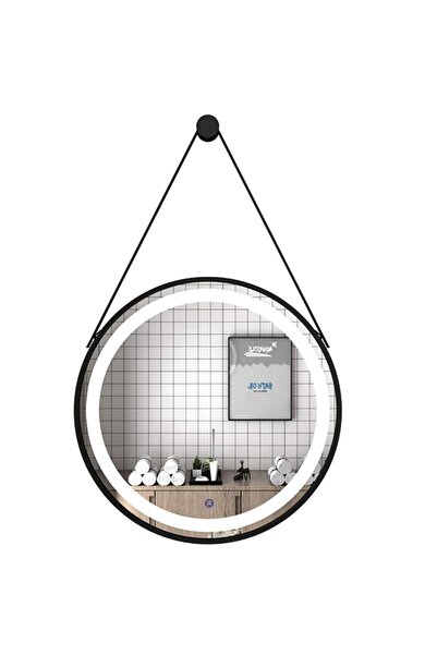 Italbox Oglindă rotundă cu LED și buton tactil, cu ramă din aluminiu negru, c...