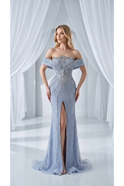 Hanımefendi Giyim Stone Embellished Strapless Evening Dress with Slit Detail