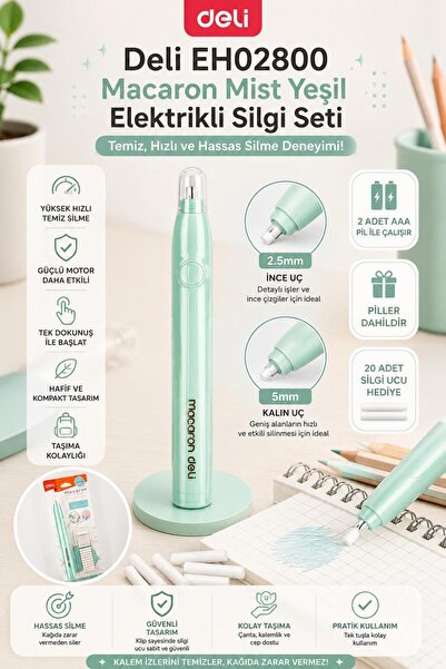 Deli EH02800 Macaron Mist Yeşil Elektrikli Silgi Seti