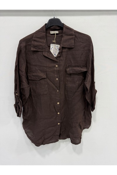 della moor Women's Brown Italian Folded Long Sleeve Oversize Long Linen Shirt...