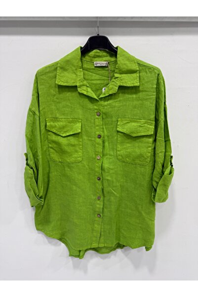 della moor Women's Green Italian Folded Long Sleeve Oversize Long Linen Shirt...