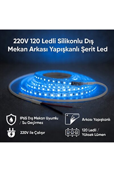 AC AYDINLATMA 220V 120 LED Dış Mekan Şerit LED Mavi Işık Arkası Yapışkanlı Su...