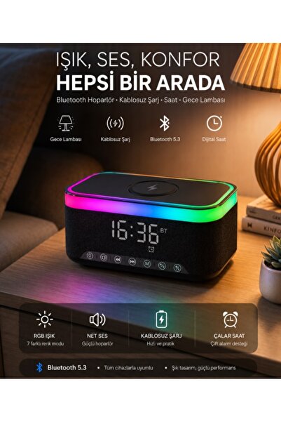 gaman Jedel Masa Saati – Gece Lambası – Çalar Saat – Bluetooth Hoparlör – Kab...