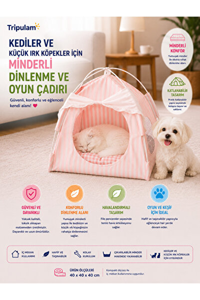 TRİPULAM Minderli Evcil Hayvan Dinlenme ve Oyun Çadırı – Katlanabilir Kedi ve...