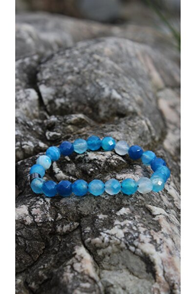 Zodyak Doğal Taş Agate Facet Blue Evil Eye Bracelet