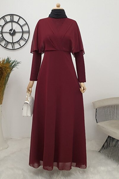 Modamorfo Silvery Chiffon Long Evening Dress - Burgundy