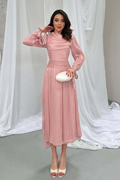 Caddebostan Moda Gathered Detailed Cuff Belted Long Satin Evening Dress