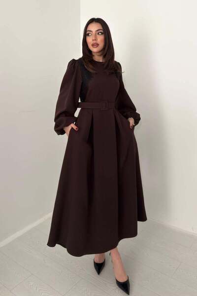 Caddebostan Moda Balloon Sleeve Lace Detailed Belted Long Evening Dress