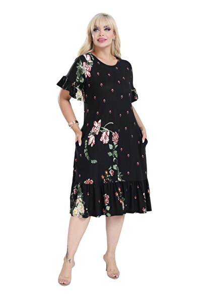 Hazinedan Women's Plus Size Black Dress with Ruffled Sleeves and Skirt, Pink ...
