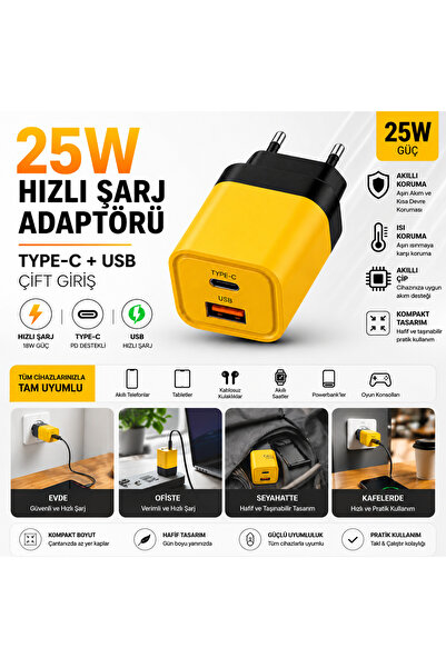 GudeX 25W Hızlı Şarj Adaptörü Type-C + USB Çift Girişli Akıllı Şarj Başlığı K...