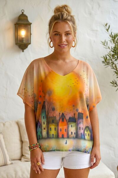 Chiccy Italian Orange V-Neck Low Sleeve Slim Digital Printed Casual Mercerize...