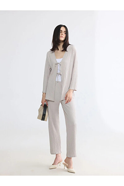 LC Waikiki Gray Textured Women's Trousers with Elastic Waist