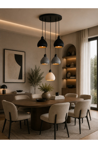 Limon 3D Desing Vena 5'li Sarkıt Avize Yuvarlak Tepsili Modern Beton Görünüml...