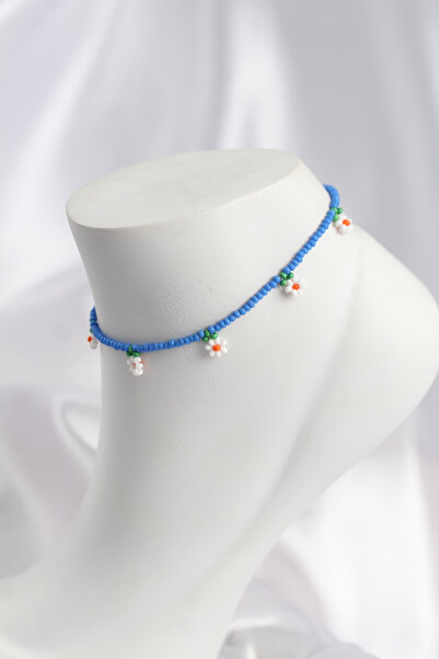 MEKs Ice Blue Color Beaded Daisy Motif Anklet 5886 - Hep-4123-4090
