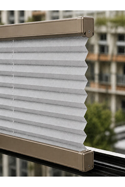 PLİSANSS Plise Perde (AÇIK GRİ KUMAŞ + BRONZ PROFİL KASA) Cam Balkon Perdesi