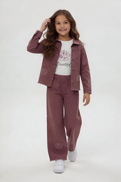 Cansın Mini Jakna sa izvezenim fuchsia cvećem i široke pantalone, set od 3 de...