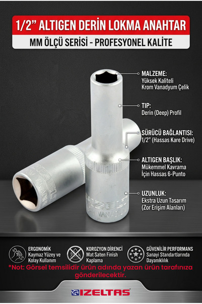 İzeltaş 1/2" 14mm Altı Köşe Derin Lokma Anahtar