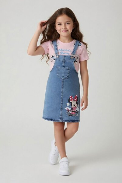Cansın Mini Powder Floral Minnie Patterned Jean Salopet Girl's Set 24092