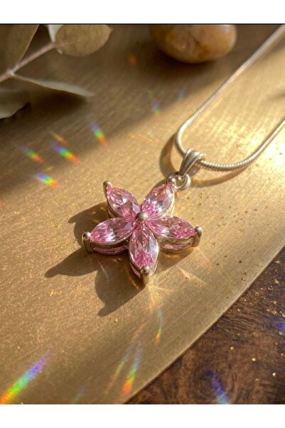 Meneva Aksesuar Pink Crystal Stone 5 Petal Flower Steel Necklace