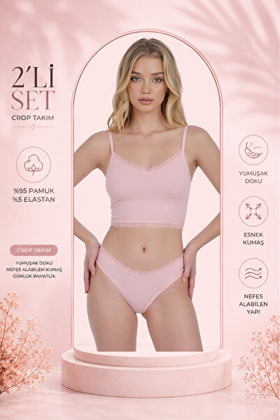 Mercan Women's Lace Detailed Crop Top and Bottom Set (Crop+Slip)