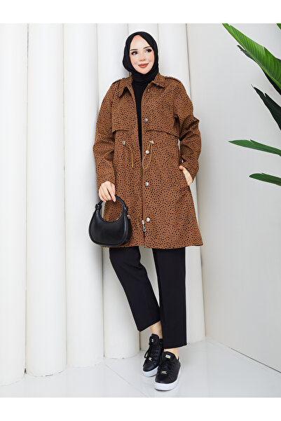 RACE FASHİON Polka Dot Waist Gathered Hijab Trench Coat Rc3134