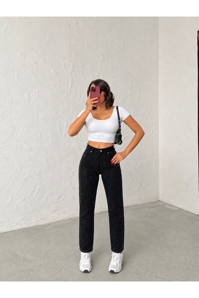 blue wings denım co. Black Front Stone-Embellished Mom Jeans Denim Pants