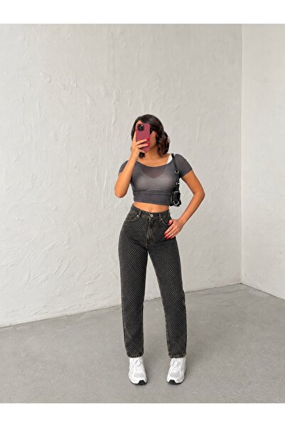 blue wings denım co. Brown Tinted Front Leg Stone Accent Mom Jeans Denim Pants