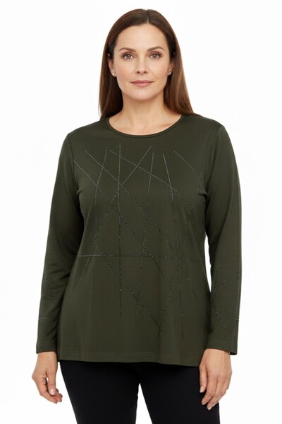 hadiora Women's Khaki Stone Detailed Combed Cotton Blouse