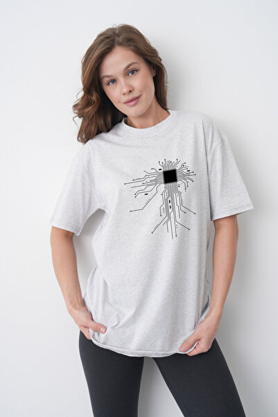 TREND EMMODA Tricou casual gri cu gât rotund, imprimat cu circuit de procesor...