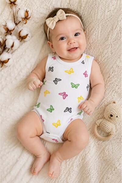 Pure Boutique White sleeveless baby bodysuit made of ribbed Cotton with Printed