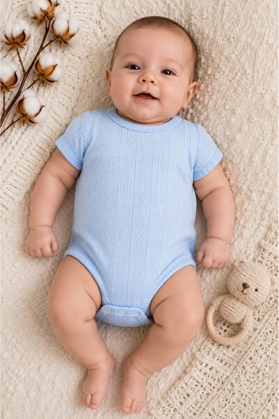 Pure Boutique Body bebe bleu din bumbac cu model ajurat cu maneca scurta