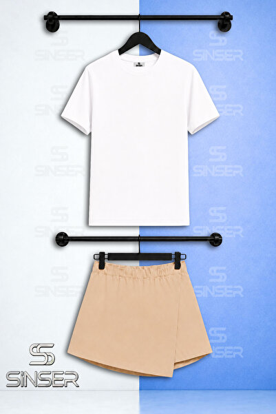 SS SİNSER Kiz Set Plain Unprinted Short Sleeve T-Shirt Shorts Skirt