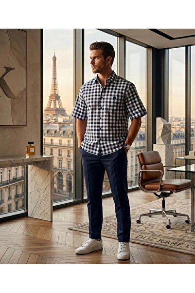 GÖMLEK GALERİSİ Men's Classic Wide Cut Plaid Pocket Cotton Short Sleeve Shirt