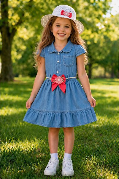 KOZADANKIDS Şapka Hediyeli Kız Çocuk Kot Elbise Bayramlık Model 2-9Yaş