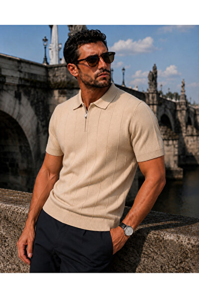 PULT Men's Zippered Polo Collar Knitwear T-Shirt Regular Fit Short Sleeve Ver...
