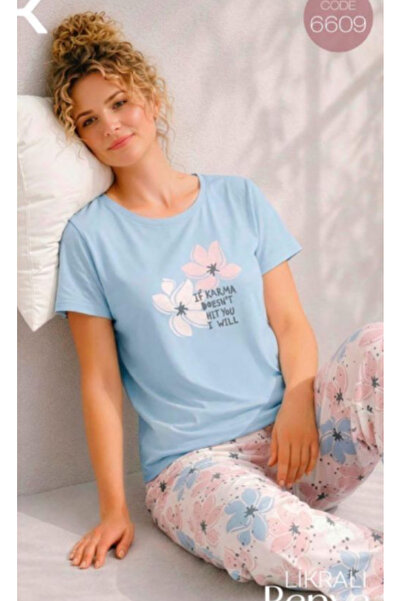 Tarık Kadın Pijama Takımı Likralı Penye Kısa Kollu Rahat Kalıp Çiçek Desenli ...